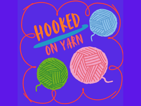 Illustration of three colored yarn balls on a purple background with the text "HOOKED ON YARN."