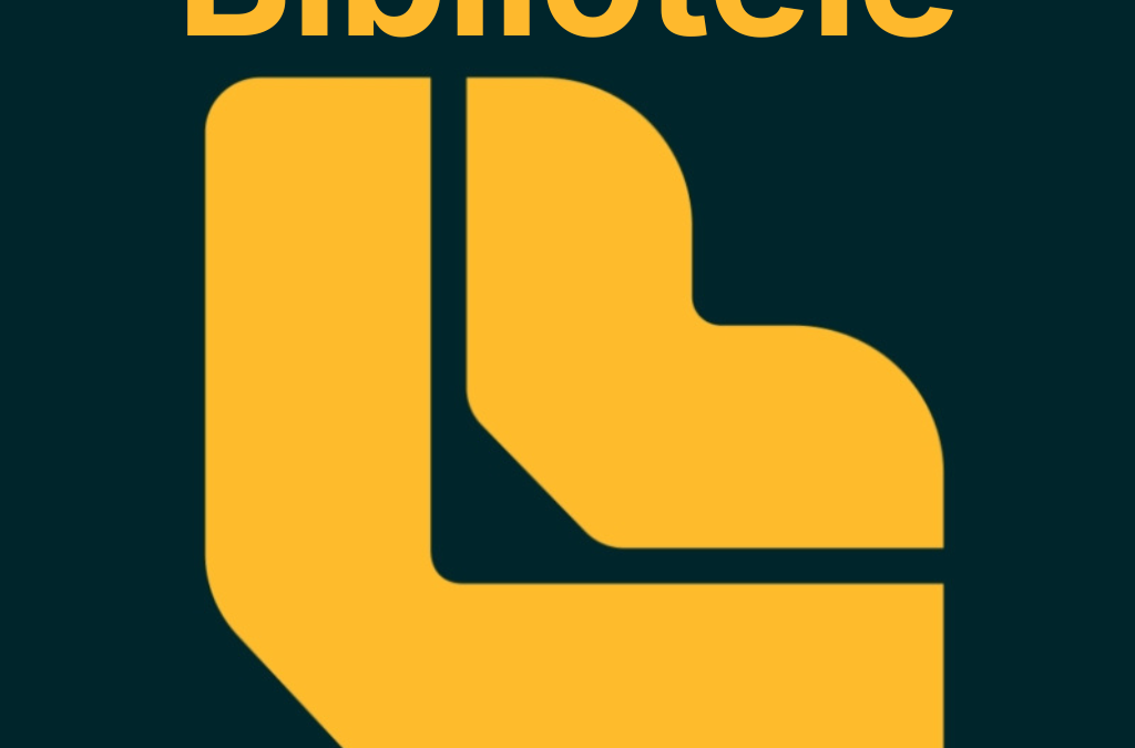 Biblotele logo, yellow stylized letters B on top of a L on a dark background.