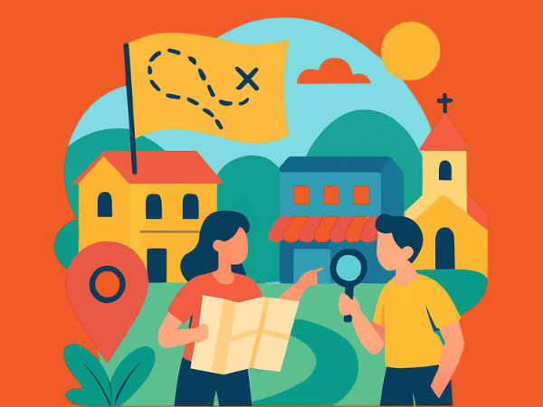 Illustration of two people with a map and magnifying glass in a colorful landscape with buildings and symbols.